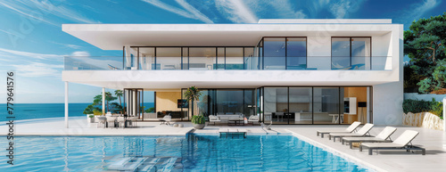 modern mansion on the beach with pool and large windows, all white facade, blue sky, beach chairs in front of it © Kien