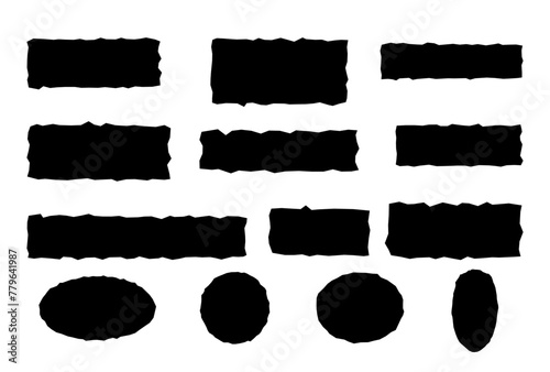 Vector black jagged paper rectangle and rounded shapes set isolated on white. Rough torn edge frames collection sticker piece, shred strip, grunge border, text box shapes. photo