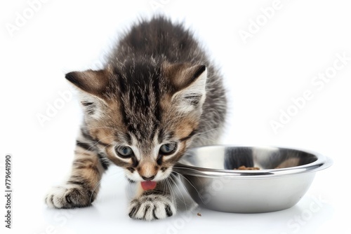 Lonely kitten consumes meal from metal dish on white background