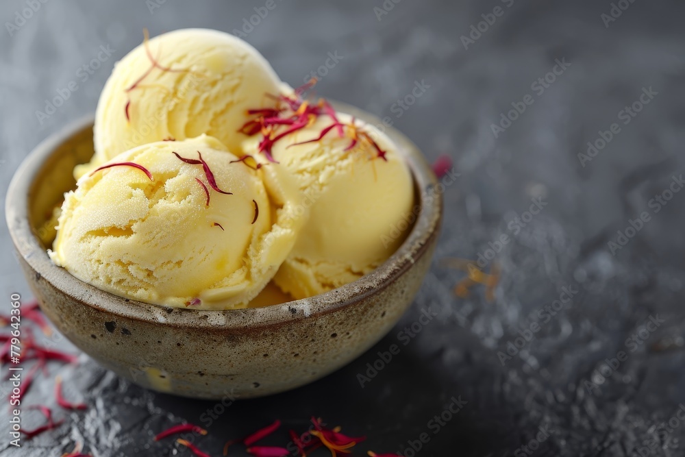 Macro photo of saffron cardamom and vanilla ice cream in a small rustic bowl on a dark table Macro photo of saffron cardamom and vanilla ice cream in a small rustic bowl on a dark table