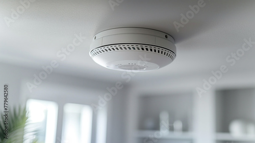 A white smoke detector is mounted on the ceiling