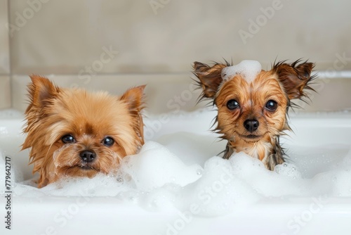 Pomeranian and yorkshire terrier getting a bath with foam