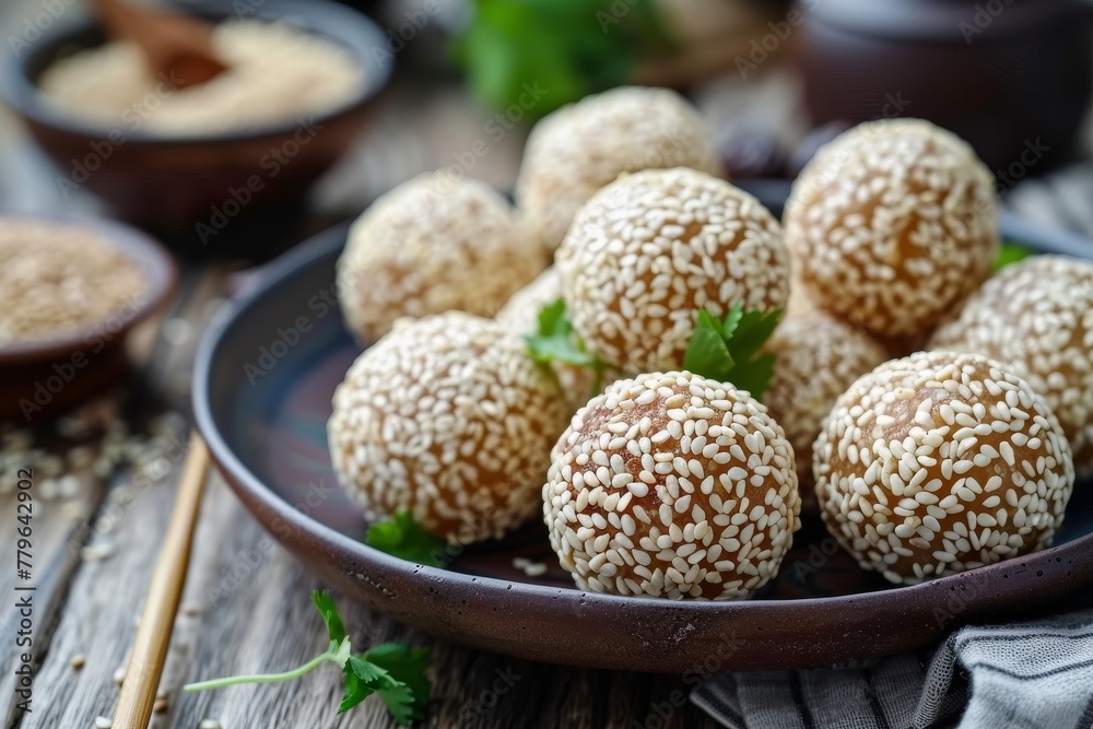 Popular Chinese treat made with glutinous and wheat flour stuffed with red bean paste and coated in sesame seeds Ideal for tea time Popular Chinese treat made with glutinous and wheat flour stuffed with red bean paste and coated in sesame seeds Ideal for tea time