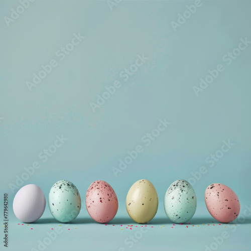Easter colorful eggs arranged in a row on a blue background. Easter decoration. Pink, yellow, violet, blue easter eggs.  Copy spaace. Space for text. Generative ai.