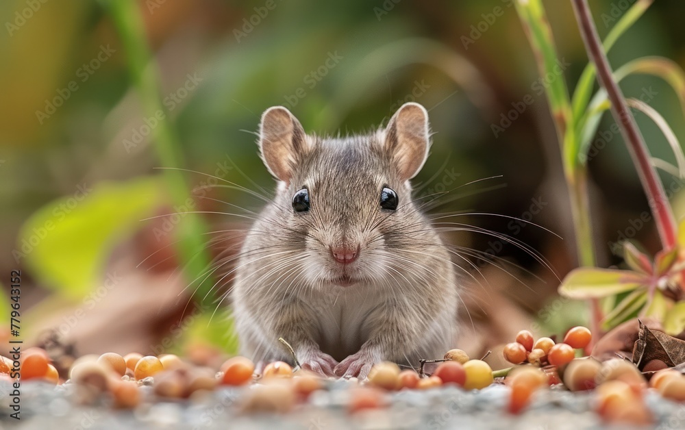 Curious wild mouse among colorful berries Curious wild mouse among colorful berries