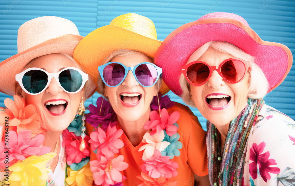 Outdoor portrait of females old aged friends together with sunglasses having fun. Group of mature women friends posing for a photo in summer outdoor in a leisure activity. Forever young concept. Outdoor portrait of females old aged friends together with sunglasses having fun. Group of mature women friends posing for a photo in summer outdoor in a leisure activity. Forever young concept.