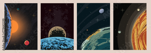 Space Illustrations. Planetary Orbits, Planets, Moon, Asteroid, Stars. Cosmic Backgrounds 