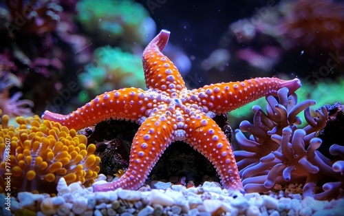 Vibrant Orange Starfish on Ocean Floor © Muh