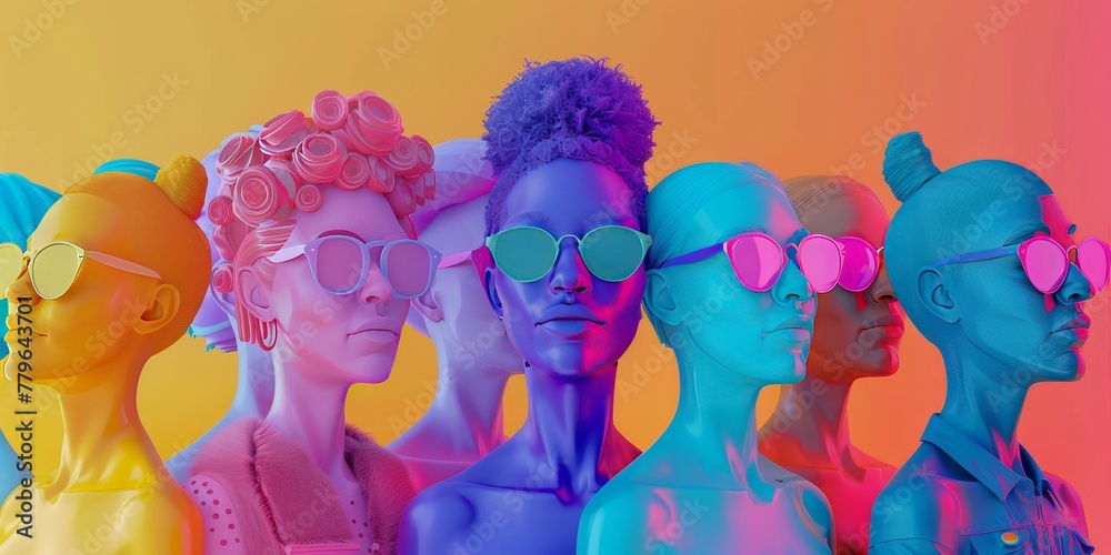 A group of women wearing sunglasses and colorful clothing. The image is a representation of diversity and individuality