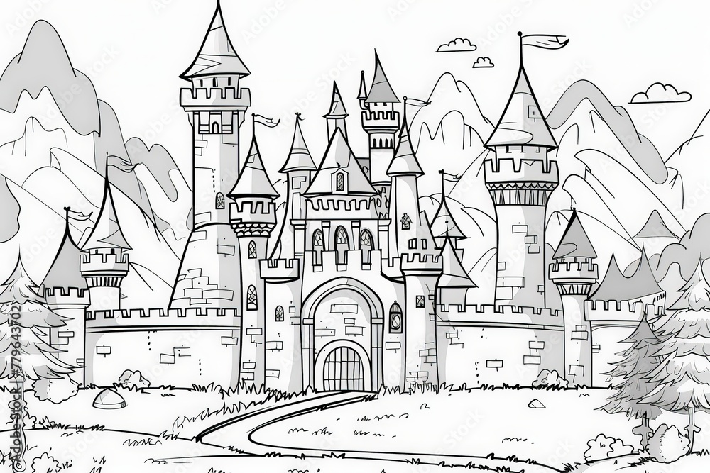 Coloring Page A grand castle set against a breathtaking backdrop of towering mountains under a radiant sky.