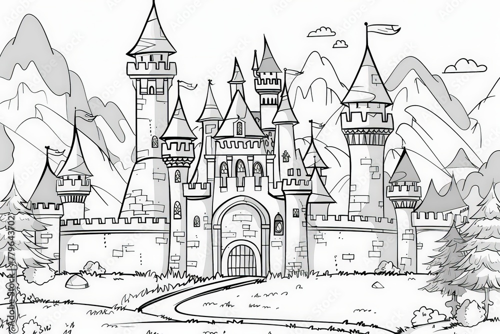 Coloring Page A grand castle set against a breathtaking backdrop of towering mountains under a radiant sky. Coloring Page A grand castle set against a breathtaking backdrop of towering mountains under a radiant sky.