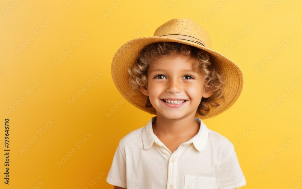 Happy child with curly hair and straw hat