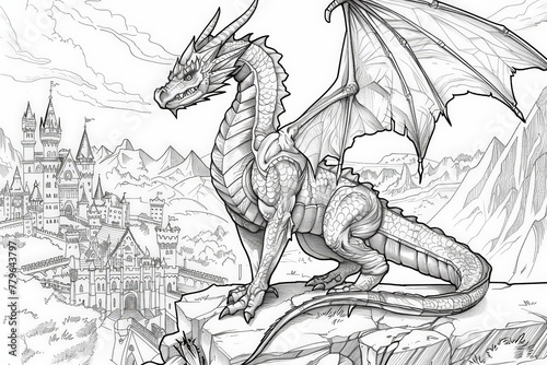 Coloring Page A detailed illustration of a magnificent dragon sitting gracefully on a large rock in a mystical landscape.