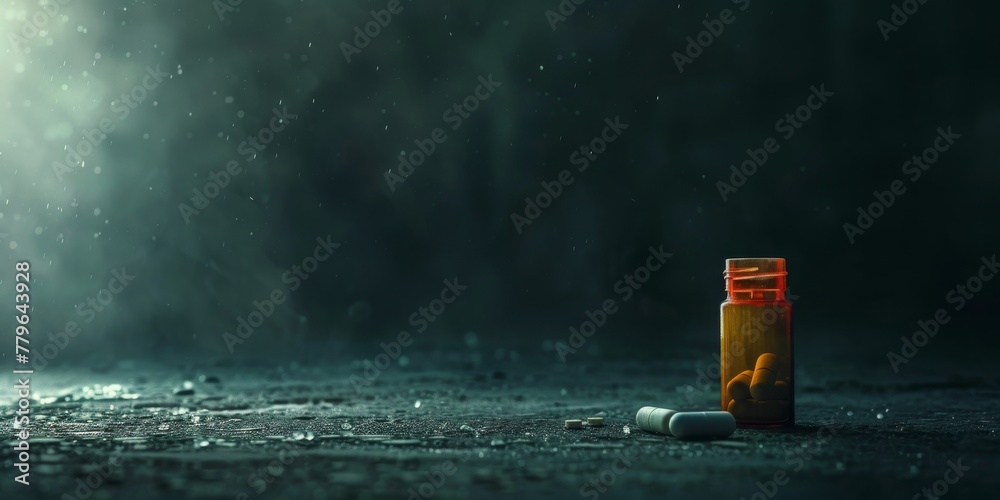 A bottle of pills is sitting on the ground in front of a dark background. The bottle is empty and the pills are scattered around it. The scene has a somber and eerie mood - obrazy, fototapety, plakaty 