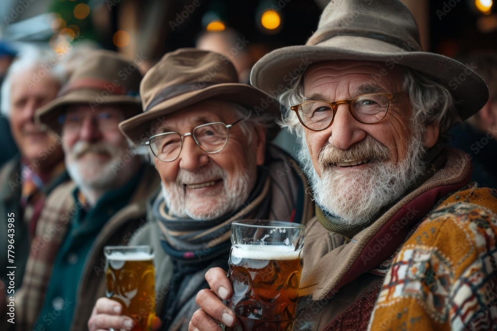 Group of happy old people with glasses of beer, selective focus