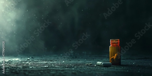 A bottle of pills is sitting on the ground in front of a dark background. The bottle is empty and the pills are scattered around it. The scene has a somber and eerie mood