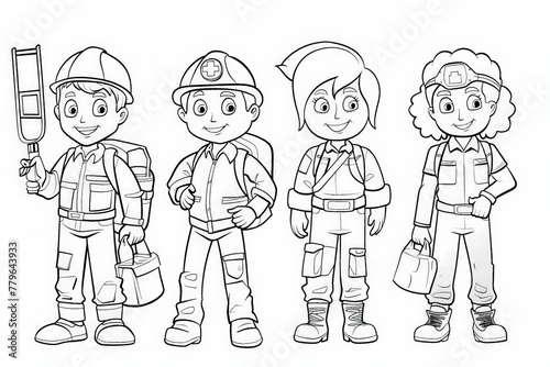 Coloring Page A group of courageous firemen standing shoulder to shoulder, united and ready to tackle any emergency together.