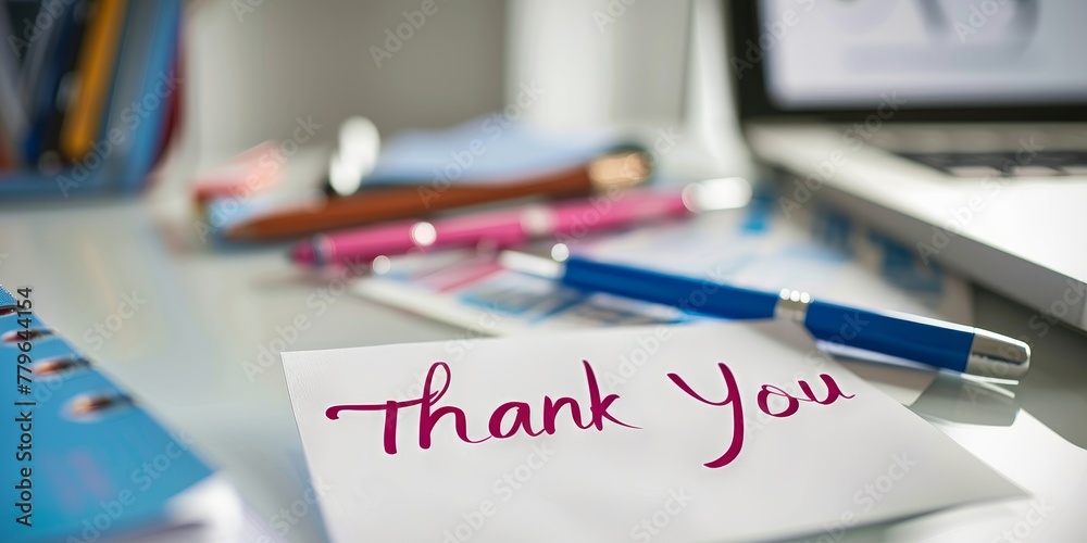 A thank you note is written on a piece of paper. The note is placed on a desk with a pen and a few other items A thank you note is written on a piece of paper. The note is placed on a desk with a pen and a few other items