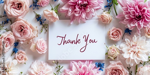 A white card with pink flowers and the words "Thank You" written on it. The flowers are arranged in a way that they surround the card, creating a beautiful and thoughtful display