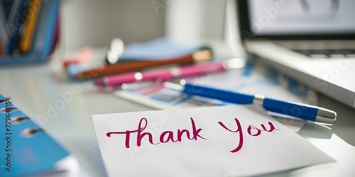 A thank you note is written on a piece of paper. The note is placed on a desk with a pen and a few other items