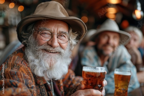 Friendly and cheerful old man in a hat with glasses of beer, selective focus