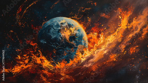 A painting of a planet with a firestorm surrounding it