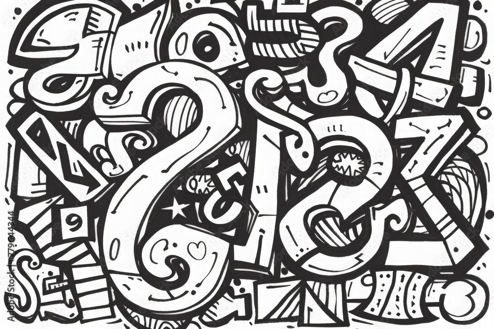 Coloring Page A intricate illustration featuring a blend of letters and numbers in black and white, arranged in a captivating and artistic design.