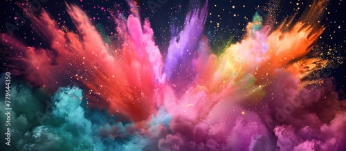 Colorful powder particles are dispersed in the air creating a vibrant and dynamic cloud of pigment floating around photo