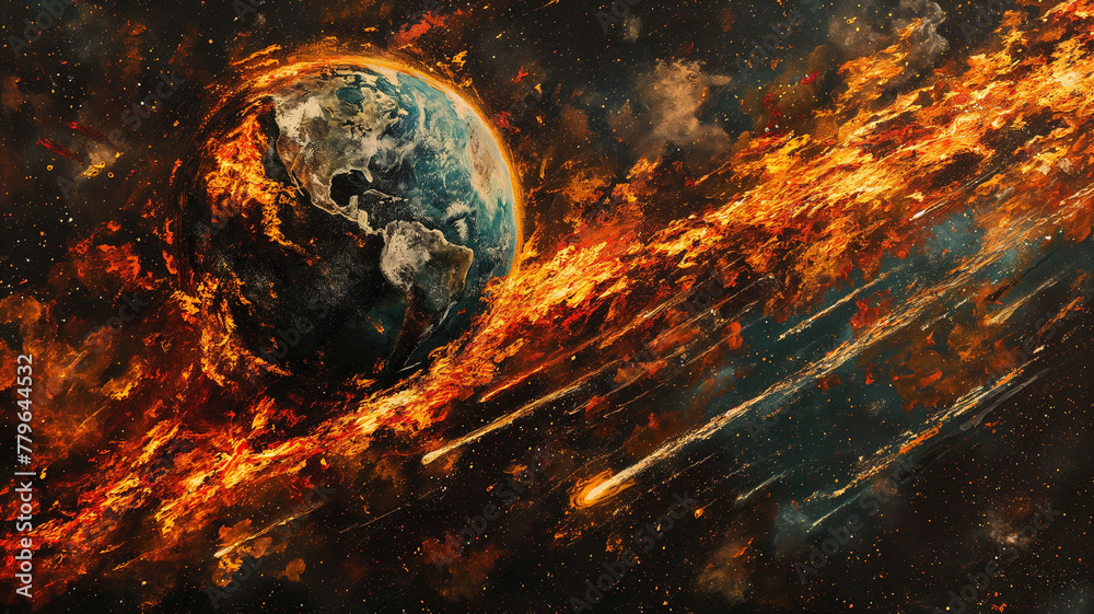 A planet is on fire and is surrounded by a trail of fire A planet is on fire and is surrounded by a trail of fire
