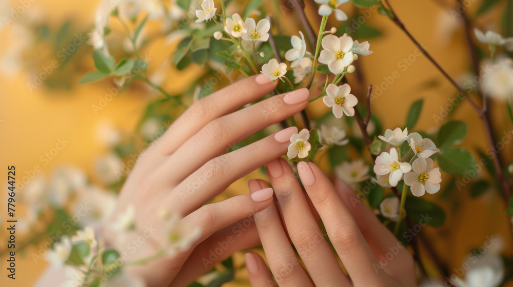 Womans hands with natural manicure on background with blossom flowers. Womans hands with natural manicure on background with blossom flowers.