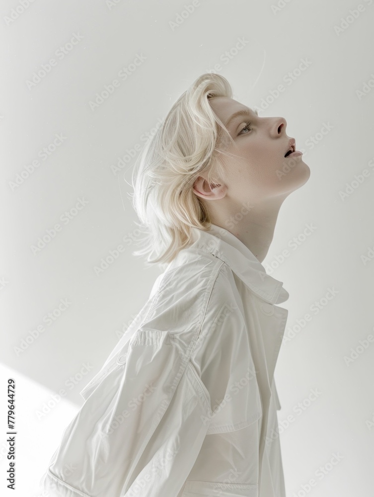 Serene woman in white shirt looking up to the sky with flowing hair blown by the wind Serene woman in white shirt looking up to the sky with flowing hair blown by the wind