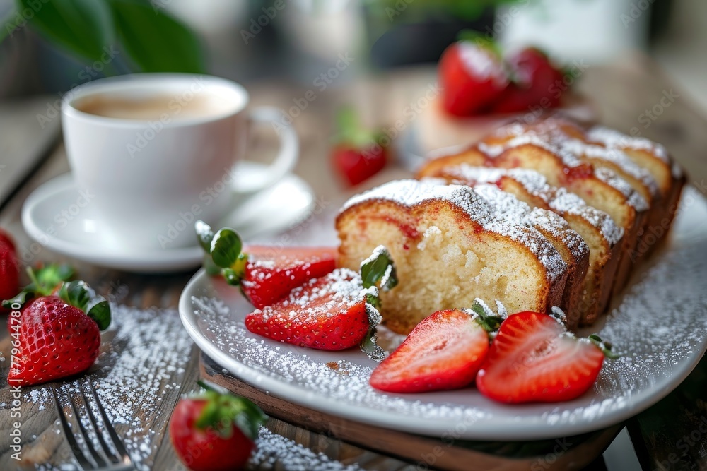 Pound cake with strawberries sugar and espresso for breakfast