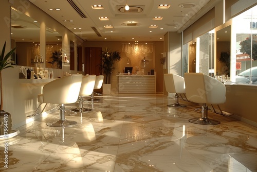A luxury hair salon featuring sleek white marble floors, minimalist white chairs, and an elegant, modern atmosphere