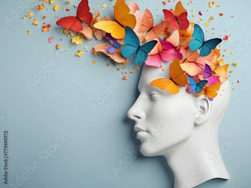 Paper human head with colorful flowers and butterflies isolated on pastel blue background. Mental health awareness, creative thinking, positive and carefree © Leohoho