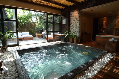 A modern spa portraying Japanese design elements with a serene pool surrounded by pebbles and natural decor © Larisa AI