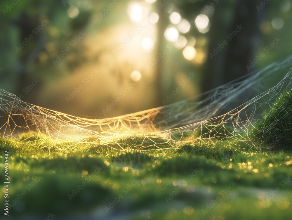 A spider web is spread across a lush green field. The sun is shining brightly, casting a warm glow on the scene. The spider web is delicate and intricate