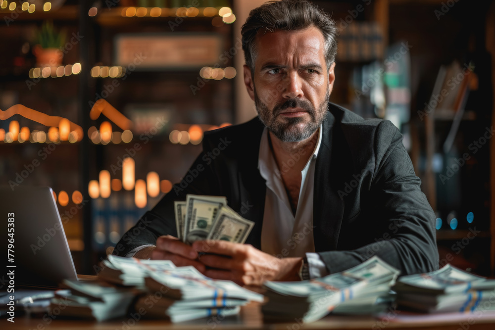 A trader holding hundreds of banknotes sits at a table with a laptop showing stock trading charts. A trader holding hundreds of banknotes sits at a table with a laptop showing stock trading charts.