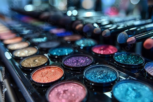 Sparkling selection of glittery eyeshadows with complementary makeup brushes on a reflective store shelf
