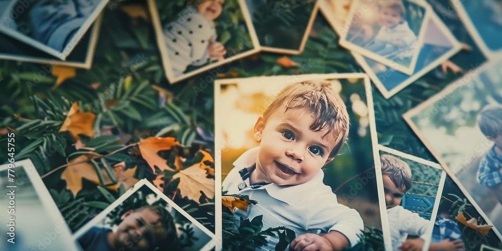 Obraz premium A collection of photos of children, including a smiling baby. The photos are arranged in a way that they are overlapping each other, creating a sense of depth and dimension. Scene is warm and inviting