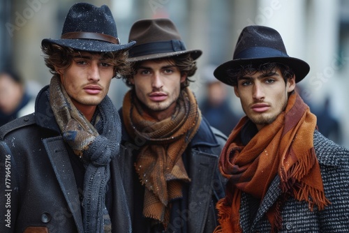 Group portrait of three fashionable men wearing hats and scarves, exuding urban sophistication
