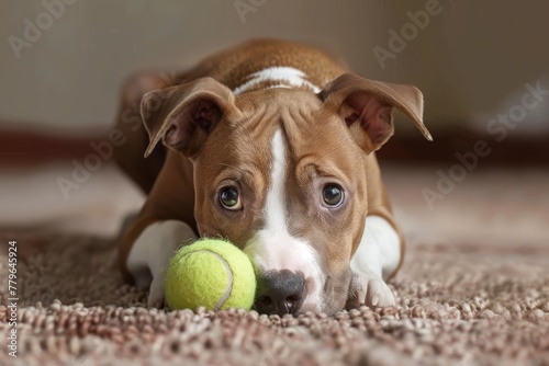 Puppy envy over dog and tennis ball