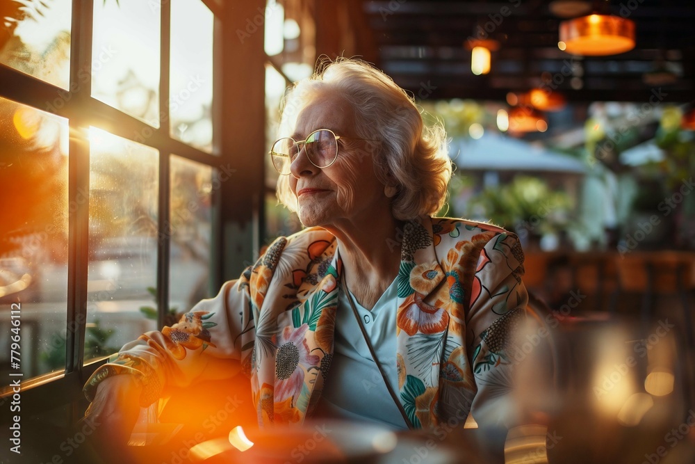 Elderly woman's reflective gaze in cozy cafe setting with warm sunlight