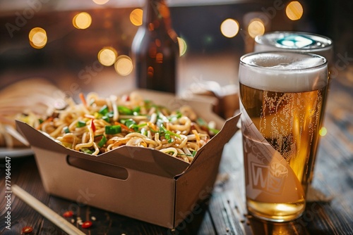 Comforting evening meal with takeout noodles and craft beer photo