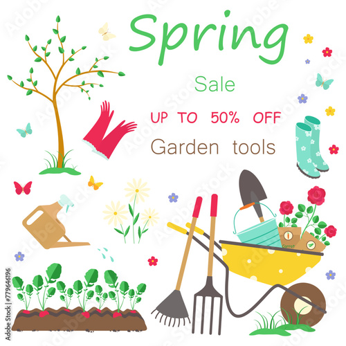 Trade and advertising. Sale of garden tools and plants - wheelbarrow, shovels, pitchforks, rakes, buckets, watering cans, seeds, flowers, vegetables. Square frame. Vector illustration. Flat design.
