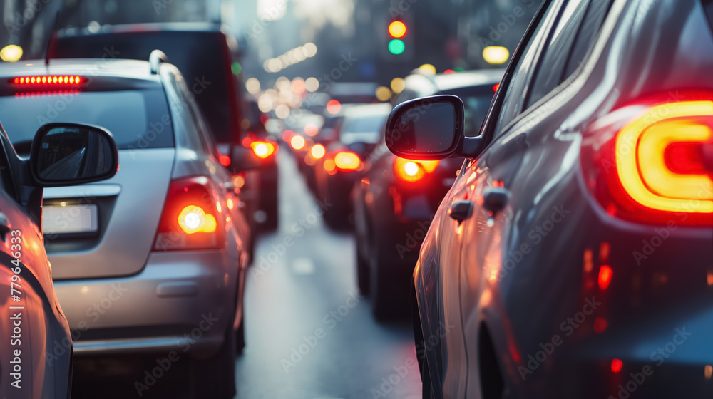 Red tail lights glow as traffic congests in the city during the evening rush, with a bokeh effect of streetlights.