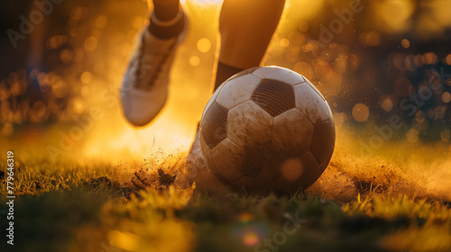 A close-up of a soccer ball being kicked, sending dust flying in the warm, golden light of a setting sun. photo