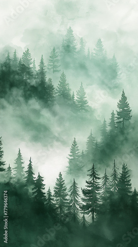 A painting of a forest with trees and a misty sky © CtrlN
