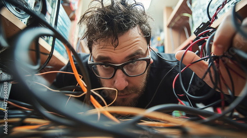 A man looks bewildered as he peers through a tangled mess of colorful wires, symbolizing confusion and complexity. photo