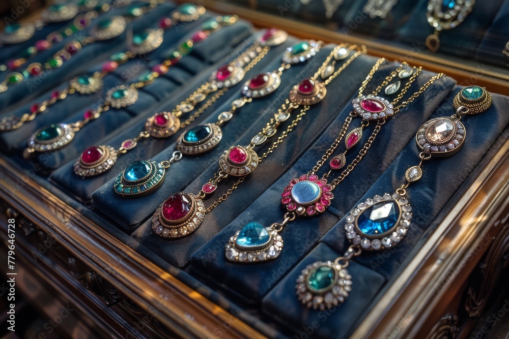 Fototapeta premium An array of sophisticated necklaces featuring precious gemstones and gold detailing, reflecting luxury and style