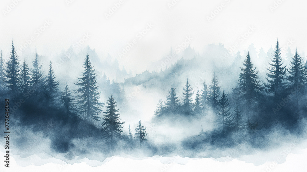 A painting of a forest with trees and a misty sky